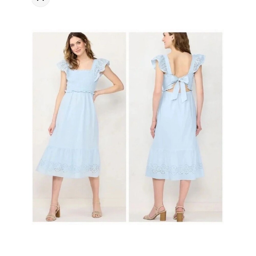 LC Lauren Conrad Light Blue Smocked Cottagecore Midi Dress Medium Cotton Eyelet